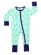 Emerson and Friends Sleeper, Baseball Buddies: mint green bamboo onesie with baseball/star print and navy trim/cuffs.