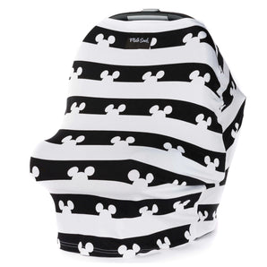 The Milk Snob Cover Disneys Mickey Mouse features a multifunctional black and white design with horizontal stripes and stylized mouse ears, ideal as a baby car seat or nursing cover.