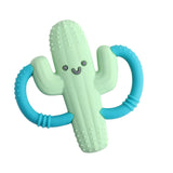 The Itzy Ritzy Chew Crew Cactus is a BPA-free, light green silicone teether shaped like a smiling cactus. It features two textured blue handles for easy grip, making it perfect for soothing teething babies.