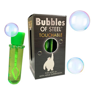 The Bubbles of Steel set by Copernicus Toys includes a green wand, black box with polar bear, and unbreakable bubbles.