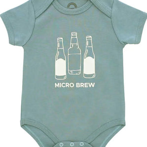 The Emerson and Friends Luxury Bodysuit features a green design with MICRO BREW text & bottle illustrations in premium ringspun cotton.