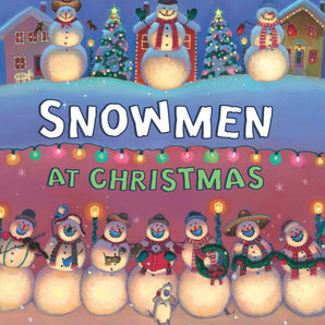 Random Houses Snowmen at Christmas board book shows snowmen in hats and scarves, set in a lit snowy village.