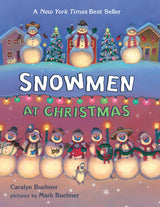 Random Houses Snowmen at Christmas board book shows snowmen in hats and scarves, set in a lit snowy village.