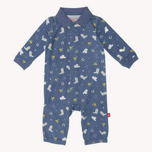 Rodeo Blue baby romper by Magnetic Me has western prints, a collar, long sleeves, and is made from soft TENCEL™ modal.