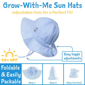 Jan and Juls Sun Hat, Dino Kids: blue/white stripes, adjustable toggle, 50+ UPF protection; foldable & packable for sunny days.