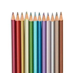 A set of 12 Modern Metallics Colored Pencils by OOLY, featuring red, green, blue, and purple on a white background.