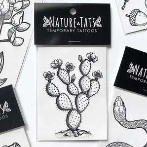 NatureTats Temporary Tattoo Prickly Pear sheet features a desert plant with flowers, surrounded by similar cactus tattoo sheets.