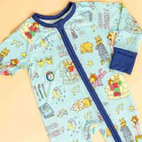 The Good Night Arthur sleeper by Emerson and Friends is buttery soft bamboo with blue cuffs, cartoon bears, stars & a two-way zipper.