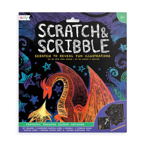 OOLYs Scratch & Scribble, Fantastic Dragon kit for ages 6+ includes scratch cards of dragons and a wooden scratching tool.