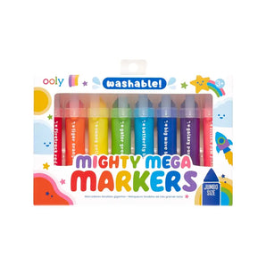 OOLYs Mighty Mega Markers pack in jumbo colors has a playful design, triangle tips, and washable label.