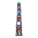 The Floss and Rock Stack and Play, Cars is a tall, multilevel cardboard play structure with a playful cars design featuring doors, windows, and a cross on the top level. Its base has cartoonish eyes and a mouth in mostly blue with orange accents, bringing vibrant charm to any play area.