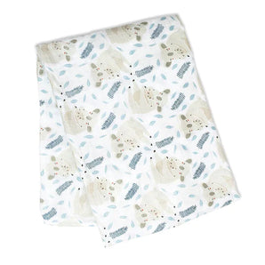 The Lulujo Inc. Cotton Swaddle, Koala, features a cute koala and leaf print in soft pastel colors, perfect for breathable swaddling.