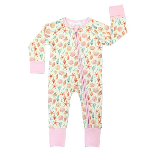 The Sleeper, Sandy Seashells by Emerson and Friends is buttery soft bamboo with pink cuffs and a two-way zipper.