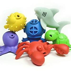 Bathtub Pals by Begin Again: Colorful, non-toxic toys featuring a shark, turtle, pufferfish, and sea creatures with a diver helmet.