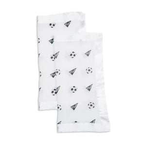 Lulujo Inc.s Security Blanket, Soccer: two sheer 100% cotton scarves with soccer ball and triangle patterns, ideal as muslin blankets.