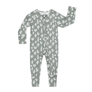 Sleeper, Stay Sharp by Emerson and Friends: Gray onesie with white cacti, fold-over sleeves, two-way zipper, long sleeves, footless.