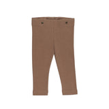 Lovedbaby offers Organic Baby Dress Pants, brown toddler leggings made from organic cotton. These eco-dyed pants feature a slim-cut design and a waistband with two buttons, ensuring both style and sustainability against a white background.