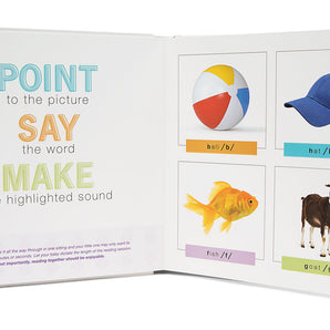 In Smart Noggins Baby’s First Book of 44 Sounds, point and mimic English sounds for images: ball, hat, fish, and goat.