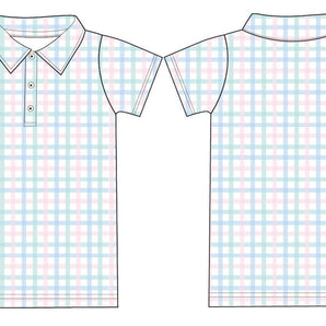 The Birdie Bean Pastel Gingham Polo Shirt is a stylish, short-sleeve polo featuring soft cotton fabric and a pastel plaid design. It showcases a collar and three-button placket, illustrated from front to back.