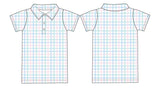 The Birdie Bean Pastel Gingham Polo Shirt is a stylish, short-sleeve polo featuring soft cotton fabric and a pastel plaid design. It showcases a collar and three-button placket, illustrated from front to back.