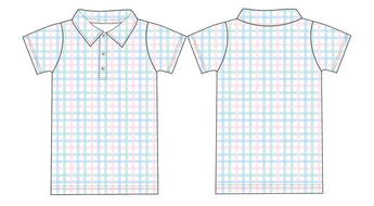 The Birdie Bean Pastel Gingham Polo Shirt is a stylish, short-sleeve polo featuring soft cotton fabric and a pastel plaid design. It showcases a collar and three-button placket, illustrated from front to back.