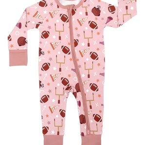 The Emerson and Friends Game Day Rose sleeper is a soft bamboo pink jumpsuit with a football theme and an easy two-way zipper.