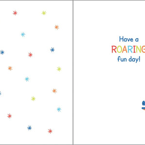 This Gina B Designs Birthday Card, Dino features colorful stars, a blue dinosaur, red foil accents, and Have a ROARING fun day! text.