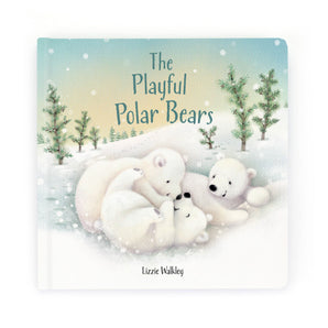 Jellycats The Playful Polar Bears Book by Lizzie Walkley features a board cover with three playful polar bear cubs rolling in snow amidst evergreen trees, setting the scene for a delightful rhyming story.