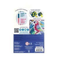 Back of OOLY Double-Ended Layering Markers package with instructions, illustrations, and social media icons for budding artists.