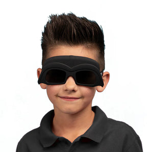 A child wearing Sunstaches Lil Characters Star Wars Darth Vader sunglasses, smiling with a spiky hairstyle, ready for UV adventure!.