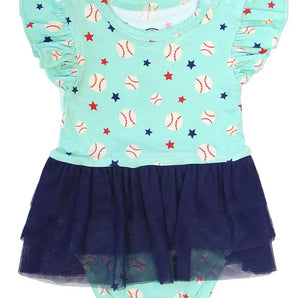 Emerson and Friends Skirt Onesie is in a teal Baseball Buddies print with red/white baseballs, stars, and a navy bamboo-tulle skirt.