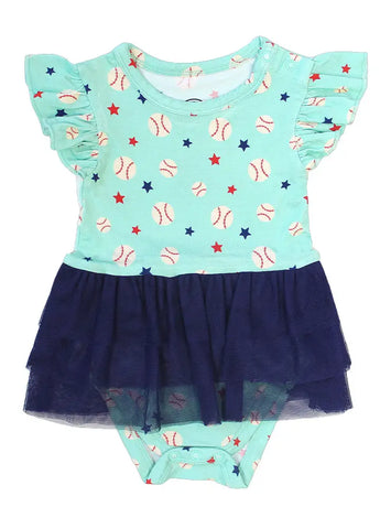 Emerson and Friends Skirt Onesie: Teal onesie with Baseball Buddies print, ruffled sleeves, and a navy tulle skirt for your little star.