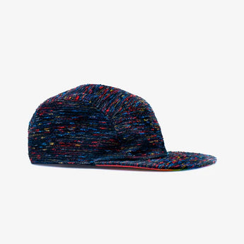 Adult Hat, Pride by Storied Hats: Multicolored speckled cap with a flat bill made from sustainable fabric on plain light background.