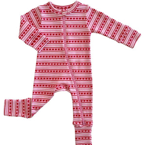 The SIIX Collection Organic Romper, Valentine Stripe, features red and white stripes with small red hearts. Made from 95% organic cotton, this long-sleeve romper includes a 2-way zip front and fold-over mitten and foot cuffs for comfort and warmth.