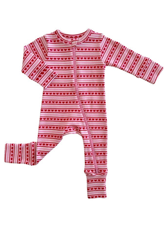 The SIIX Collection Organic Romper, Valentine Stripe, features red and white stripes with small red hearts. Made from 95% organic cotton, this long-sleeve romper includes a 2-way zip front and fold-over mitten and foot cuffs for comfort and warmth.