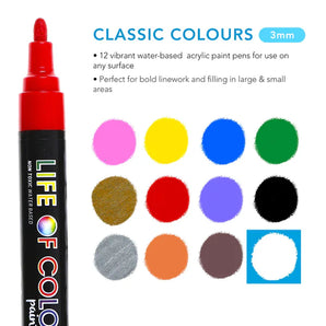 Explore Life of Colours 12 Classic Acrylic Paint Pens with a 3mm tip and non-toxic, water-based ink for vibrant art.