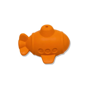 Eco-friendly, orange Bathtub Pals fish toy by Begin Again with fins and patterns, side view on white background.