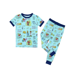 Emerson and Friends PJs, Good Night Arthur: Buttery soft blue bamboo pajamas with cartoon animals, navy trim, and Good Night!.