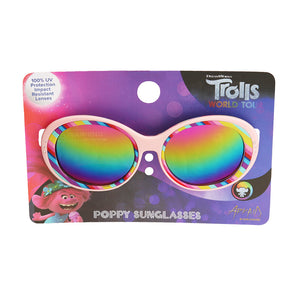 Arkaid sunglasses from Sunstaches offer UV protection with rainbow lenses and a colorful Trolls character design.