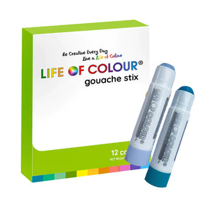 Life of Colour Pastel Gouache Paint Stix: Set of 12, featuring mess-free tools with blue-tipped and capped stix on a white background.