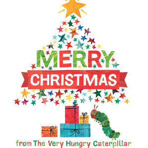 The Merry Christmas from The Very Hungry Caterpillar book by Random House features an illustration of a Christmas tree made of colorful stars, topped with a yellow star, and surrounded by gifts. It includes the Very Hungry Caterpillar and is perfect as a Christmas gift for all ages.