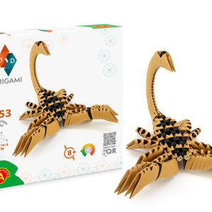 3D Origami, Scorpion by Hotaling Imports: Brown design kit with basic modules, cut shapes, 8+ age. Packaging showcases the model.