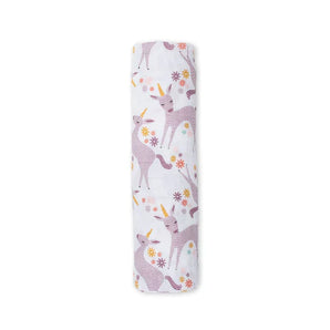 The Lulujo Inc. Cotton Swaddle, Unicorn offers a versatile baby blanket with a pink unicorn and floral pattern, perfect for swaddling.