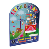 The vibrant packaging for Stick and Play, Adventure by Floss and Rock features animals in a car under a starry sky. Text says Go Wild with 50 Reusable Adventure Stickers, featuring birds, insects, and a sign reading Adventure This Way! Ideal for making an educational playbook.