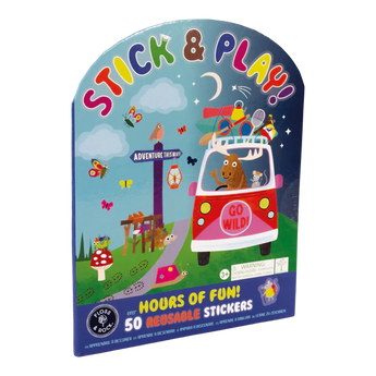 The vibrant packaging for Stick and Play, Adventure by Floss and Rock features animals in a car under a starry sky. Text says Go Wild with 50 Reusable Adventure Stickers, featuring birds, insects, and a sign reading Adventure This Way! Ideal for making an educational playbook.