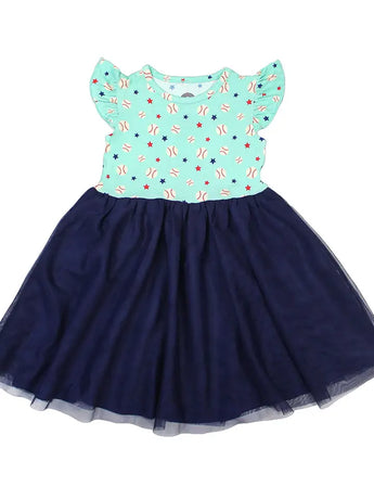 Twirl Dress, Baseball Buddies by Emerson and Friends: Navy tulle skirt, ruffled sleeves, whimsical fish pattern on blue & white top.