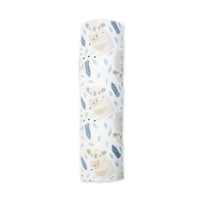 Rolled-up, breathable Lulujo Inc. Cotton Swaddle with koalas, ideal for premium baby swaddling.