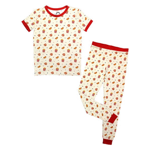 Emerson and Friends Here For the Snacks PJs: Cream bamboo with red trim, popcorn print, short-sleeve top & long pants for kids.