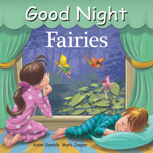 Children in pajamas watch fairies through an open window with green curtains. Good Night Fairies - Random House Board Book.