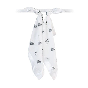 Lulujo Inc.s Security Blanket, Soccer: A white silk scarf with black triangle and soccer ball print, tied stylishly.